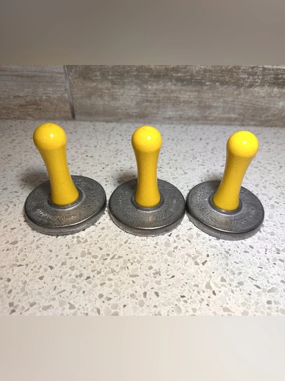 NORDIC WARE Set of 3 Cookie Stamps Cast Aluminum Yellow Wooden Handle